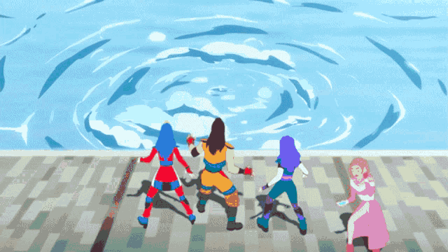 a group of cartoon characters are standing in front of a pool of water