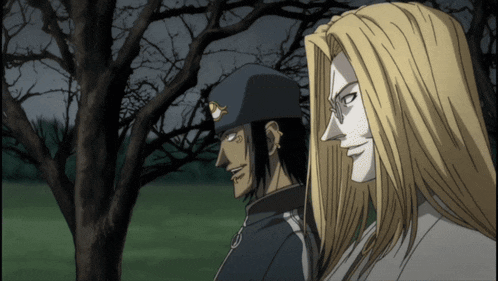 two anime characters standing next to each other with one wearing a hat with the letter s on it