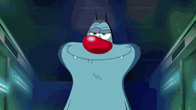 a cartoon character with a red nose is smiling