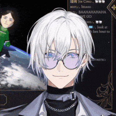 a man with white hair and blue eyes wearing glasses