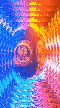a colorful painting with a phoenix emblem in the center