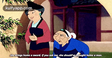 a cartoon of two women with the words she brings home a sword if you ask me she should 've brought home a mon