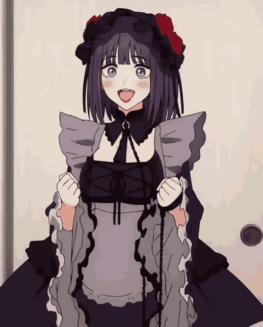 a girl with purple hair is wearing a black dress and a black hat