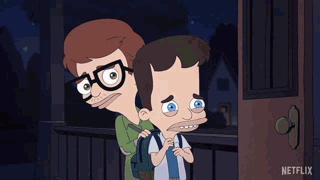 two cartoon characters are standing in front of a door with netflix written on the bottom right