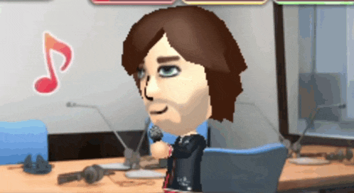 a cartoon character singing into a microphone with a music note above him