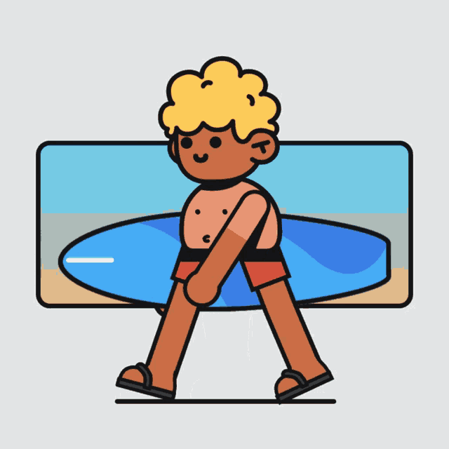 a cartoon drawing of a man holding a surfboard on the beach