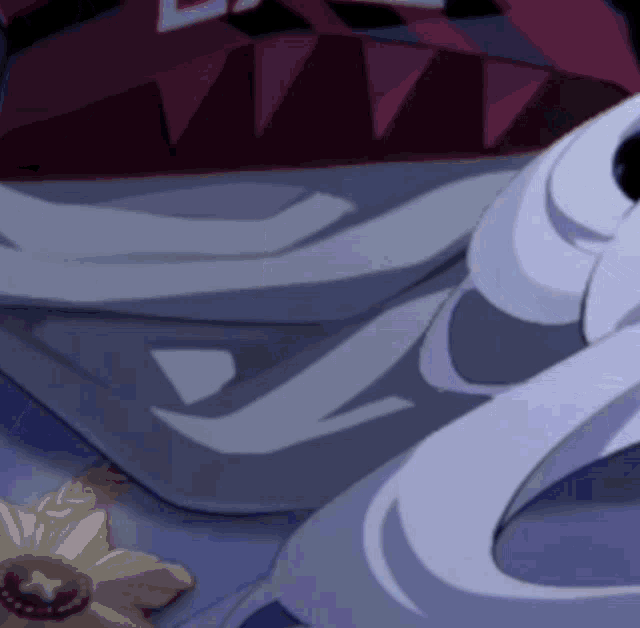 a close up of a cartoon character with a flower in the background
