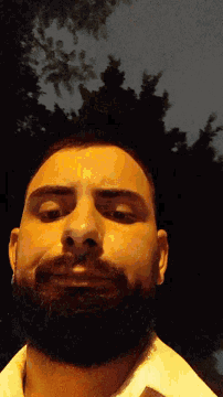 a man with a beard is standing in front of a tree at night