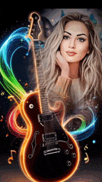 a painting of a woman holding a guitar in front of a colorful background