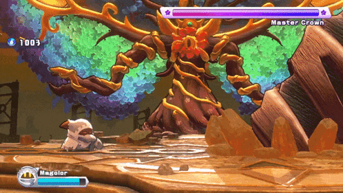 a video game screen shows a monster called master crown in the background