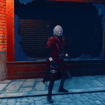 a man in a red coat is standing on a cobblestone street
