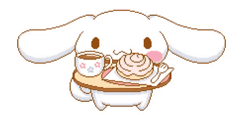 cinnamoroll is holding a tray with pancakes and a cup of coffee .
