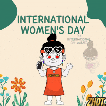 a poster for international women 's day with a cartoon girl wearing sunglasses