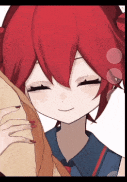 a girl with red hair is holding a piece of bread and smiling