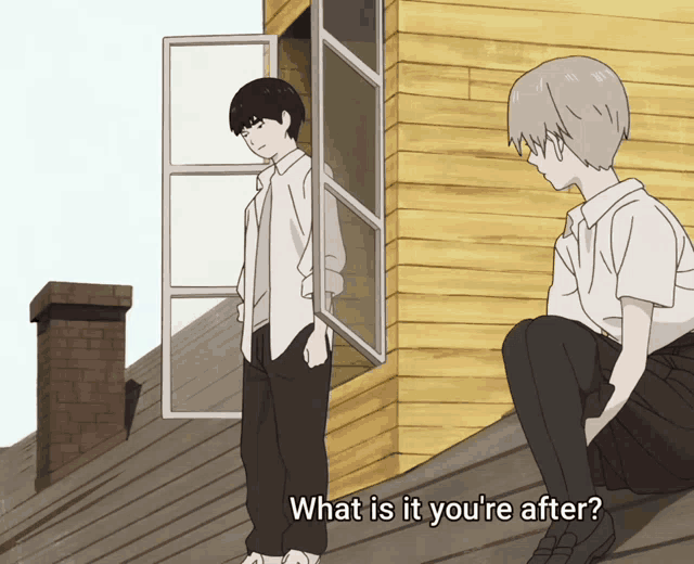 a boy and a girl are standing next to each other and the girl is asking what is it you 're after