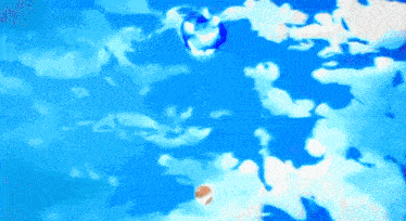 a painting of a blue sky with clouds and a ball in the water