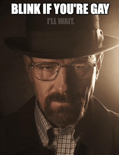 a man with glasses and a hat says blink if you 're gay