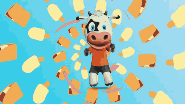 a cartoon cow wearing an orange shirt and shorts is surrounded by ice cream cones