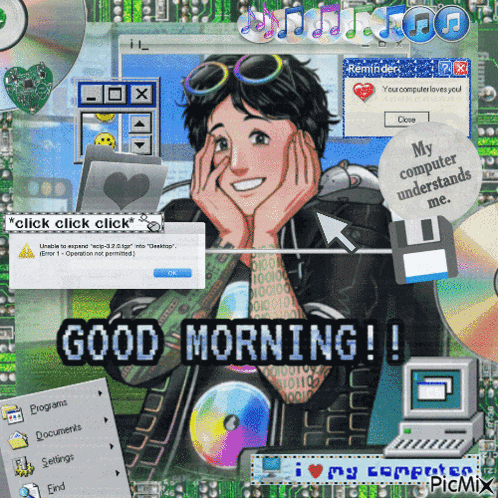 a collage of computer screens with the words " good morning " on the bottom