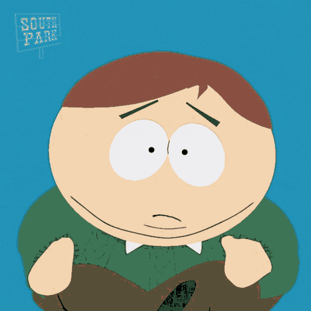 a cartoon character from south park with a sign in the background