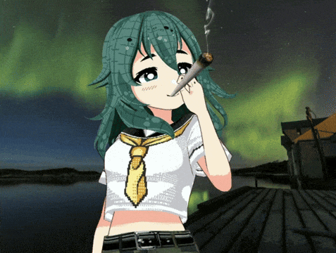 a girl with green hair is smoking a cigarette in front of the aurora borealis