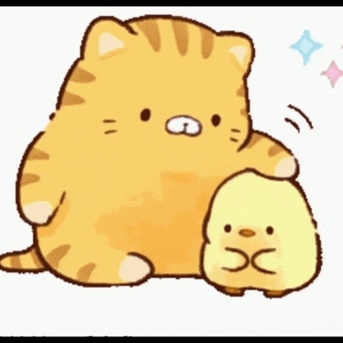 a cartoon cat is holding a small yellow chicken .