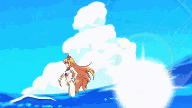 a cartoon of a girl in a bikini standing in the water