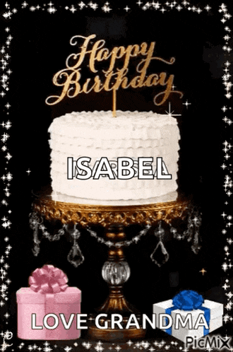 a birthday cake on a cake stand with the name isabel written on it .