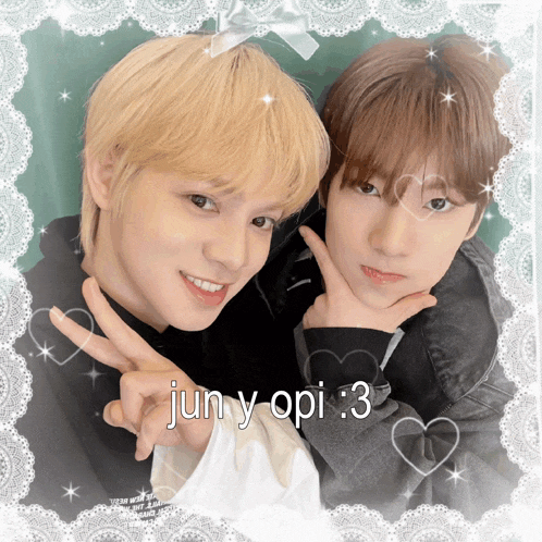 a picture of two young men with the words jun y opi 3 on the bottom