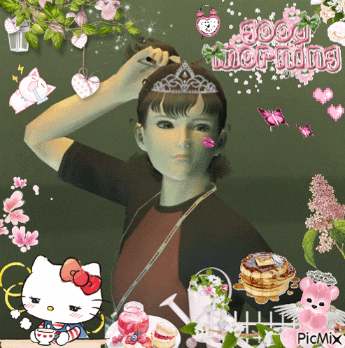 a picture of a girl with a tiara on her head and the words good morning