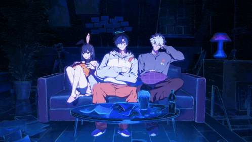 three anime characters are sitting on a couch with a bottle of pepsi