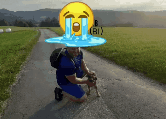 a man kneeling next to a dog with a crying smiley face above him