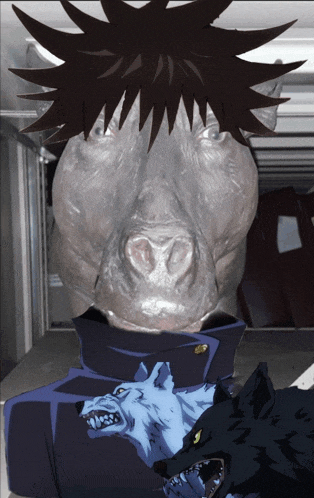 a cartoon of a man with a rhino head and two wolves behind him