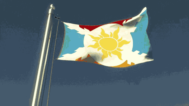 a flag with a yellow sun on it is flying in the wind