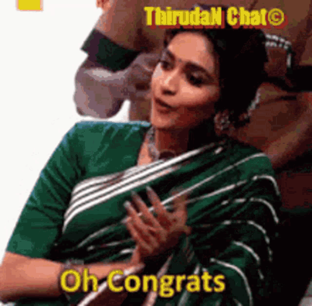a woman in a green and white striped saree says " oh congrats "