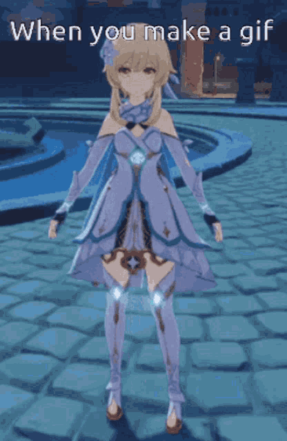 a girl in a purple dress is standing in front of a fountain with the words " when you make a gif " above her