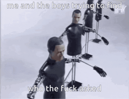 a group of mannequins are standing next to each other with the caption me and the boys trying to find who the fuck asked .