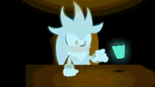 a cartoon of silver the hedgehog sitting at a table holding a glass