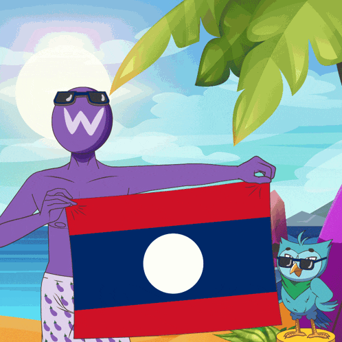 a cartoon drawing of a man holding a flag with the letter w on his head