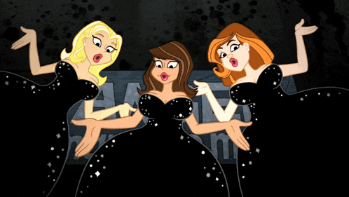 a cartoon of three women in black dresses singing