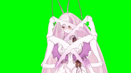 a woman in a white dress with a purple scarf around her neck is standing on a green screen .
