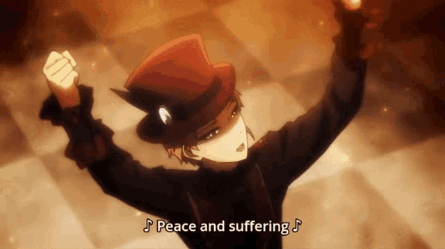 a man in a top hat is dancing with the words peace and suffering above him