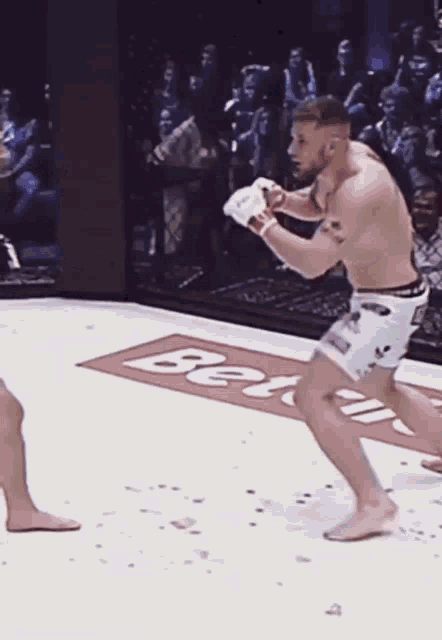 two men are fighting in a boxing ring with a sign that says bet