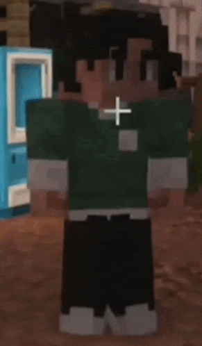 a minecraft character is standing in front of a door with a cross on it .