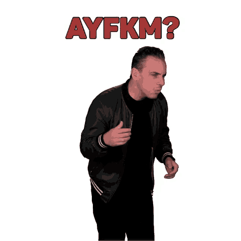 a man making a funny face with ayfkm written in red