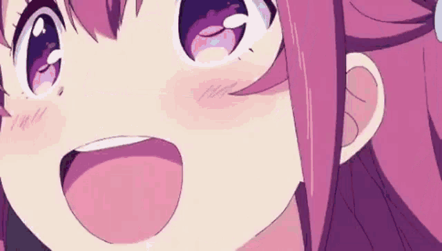 a close up of a pink anime girl with purple eyes and a smile on her face .