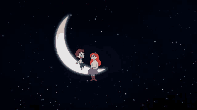a boy and a girl sitting on a crescent moon