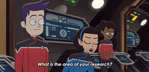 a cartoon of a man and a woman talking about their research