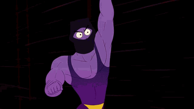 a cartoon drawing of a person with purple hair