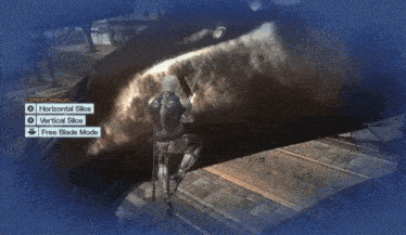 a screenshot of a video game shows a character holding a sword and the options horizontal slice vertical slice free blade mode